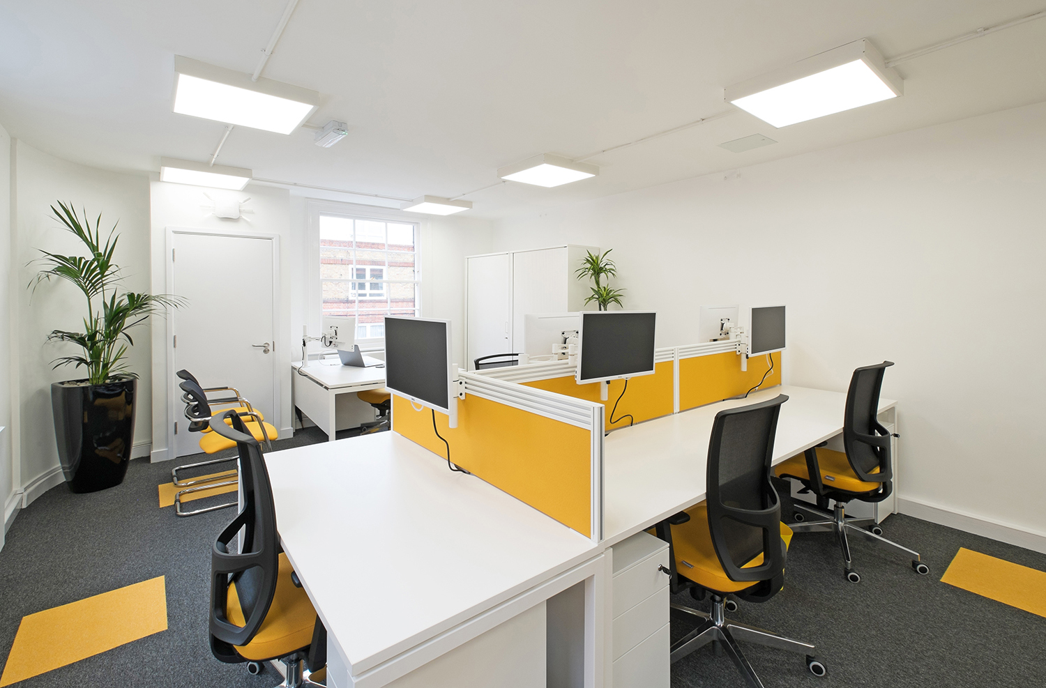 Using colour in the office, Progression Range grey carpet tiles with a yellow Bright Ideas