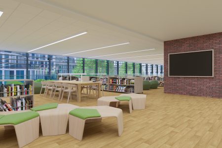 Modern library scene with Sandstone Timber
