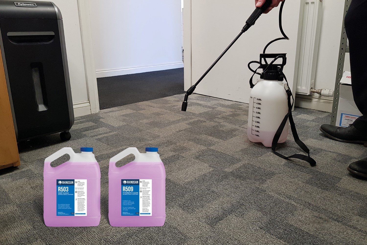 Deep Clean sanitiser on carpet tiles in office