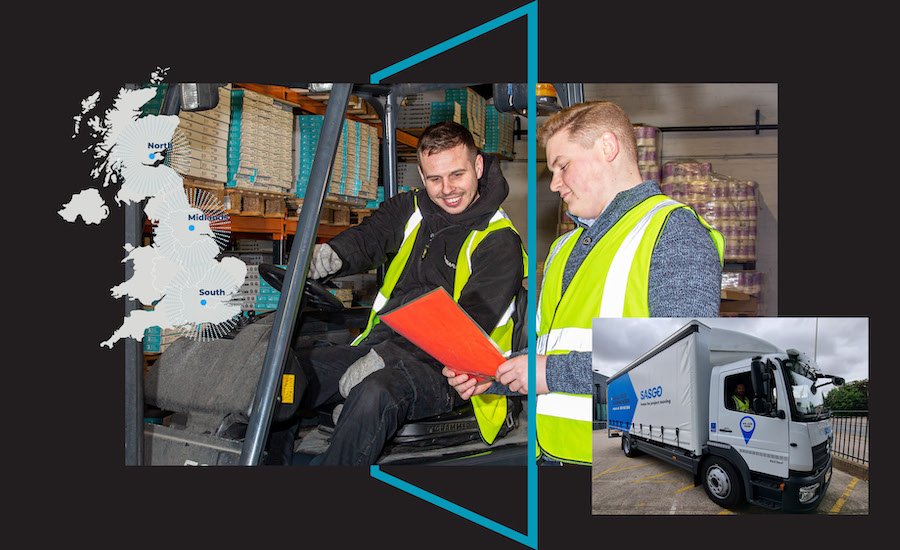 Warehouse men, truck and map of UK - distribution