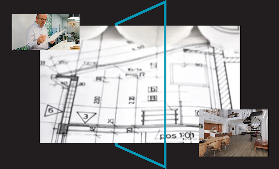 Floor plan, finished floor and employee checking a plan - project assistance